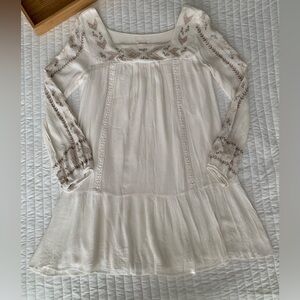 Xhilaration Dress Juniors Medium Ivory Tan Embroidered Long Sleeves Square Neck